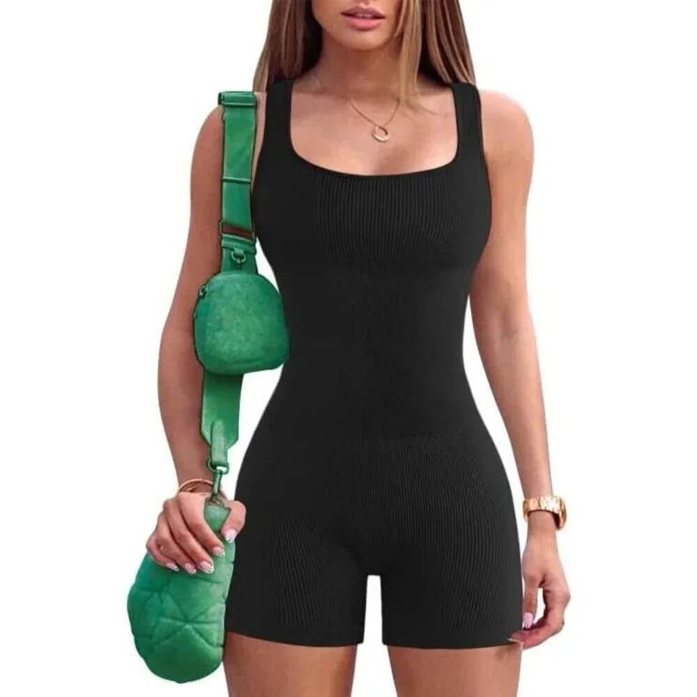 Women Jumpsuit Ribbed One Piece  Tank Top Sleeveless Bodycon Sport Shorts